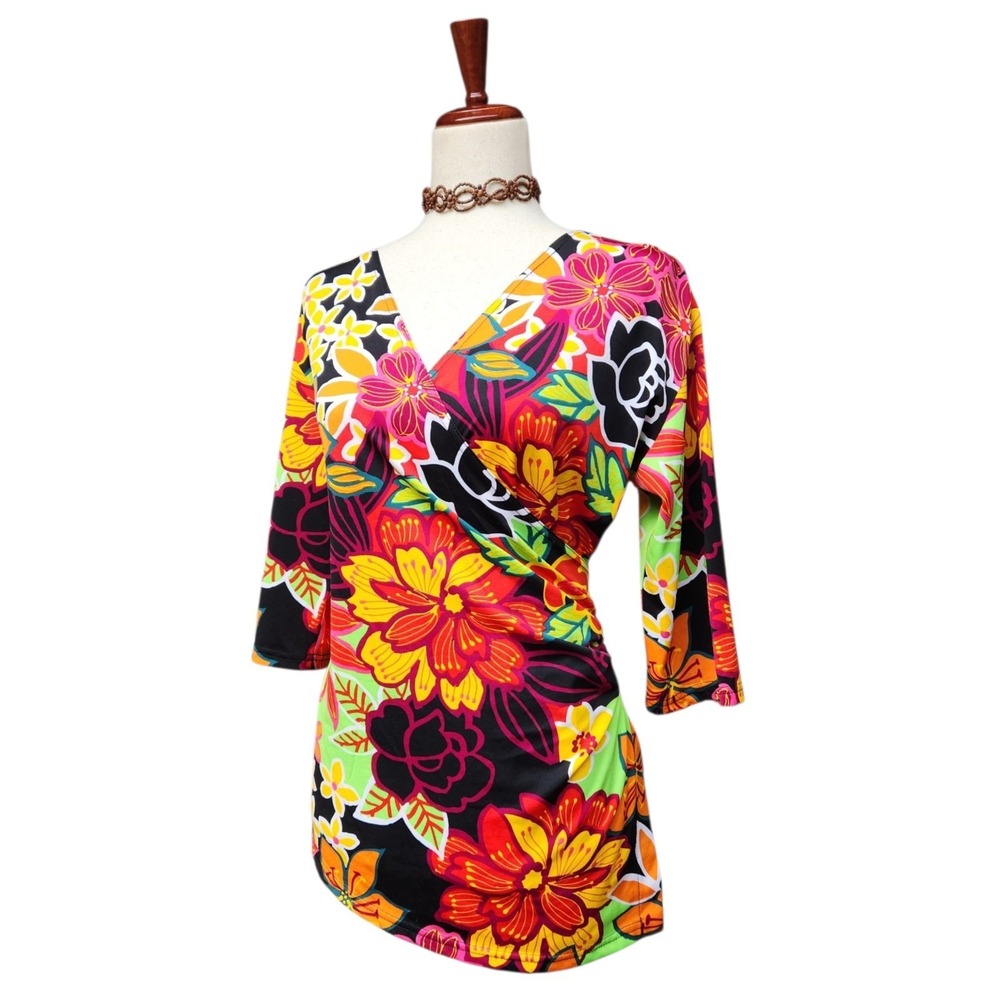 Y2K V-Neck All Over Print Top Size XL Colorful Mod Big Flower Euro Trash 90s